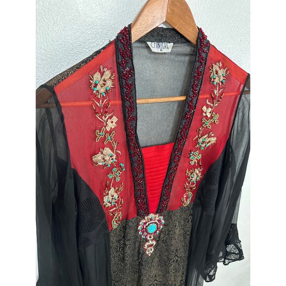 VTG STUNNING Chinyere Sheer Beaded Dress M Whimsigoth Dark Romantic Boho Hippie - Picture 10 of 16